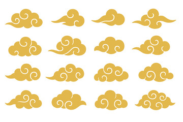 Traditional Asian golden cloud design elements collection, vector clipart set on white background, elegant swirl patterns for Chinese Lunar New Year, Mid Autumn Festival, CNY cards