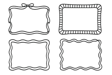 Set of hand-drawn coquette frames with ribbon bow. Whimsical wavy and squiggly borders for wedding invitations or birthday cards. Minimalist quirky striped doodle border set.