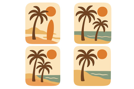 Trendy groovy palm tree beach and sun sea cards set, surf club vacation tropical summer day, boho aesthetic style, retro naive vector flat illustration backgrounds