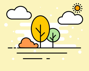 Simple illustration of tree, flat design pattern, autumn landscape with trees and clouds