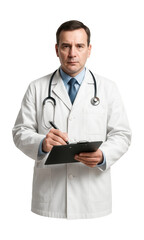 Doctor in white lab coat writing notes on a clipboard.