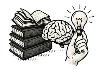 World Book Day concept with nostalgic halftone style stack of books, brain symbol, and hand holding glowing light bulb representing education, wisdom, intellectual growth, study, and idea discovery