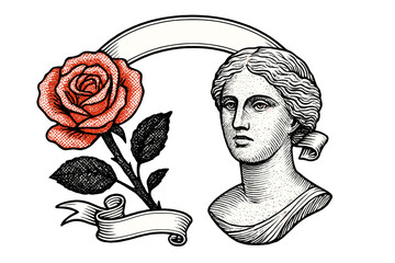Romantic engraved vector with red rose and antique goddess bust. Vintage Valentine's Day design with classic Greek statue & ribbon banner. Retro halftone illustration for t-shirt.