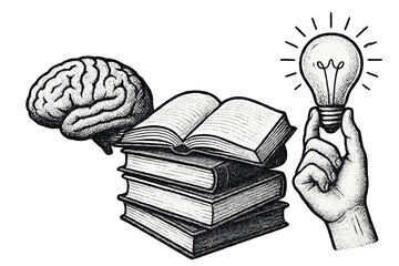 World Book Day concept collage with brain, stack of books, hand holding light bulb, education, wisdom, intellectual development, study, learning, knowledge discovery