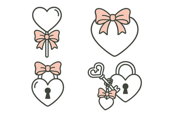 Pink bow coquette aesthetic vector set for Valentine's Day. Cute girly line art illustrations of a heart lollipop, romantic lock and key. Hand-drawn love symbols.
