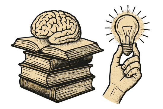 World Book Day Concept Retro Halftone Style Stack of Books with Brain and Hand Holding Light Bulb Symbolizing Knowledge Education Wisdom Intellectual Development and Study