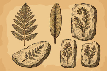 Prehistoric plant fossils set. Hand-drawn fern leaf imprints on stone. Paleontology vector illustration. Ancient botanical sketch for science, history and archeology discovery.