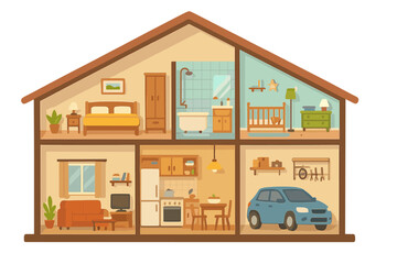 House in cutaway view showing detailed interior. Cross-section of a home with rooms and furniture. Includes bedroom, living room, kitchen, bathroom, nursery, and garage. Flat vector.