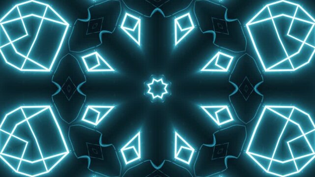 Acid kaleidoscope neon mandala abstract background glowing in octagonal fractal grid, futuristic luminous visuals forming radiant geometry in endless transformations