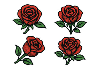Set of red roses with retro halftone effect. Vintage grunge flower illustration in Y2K tattoo style. Modern floral clip art for graphic design. Old school comic vector element.