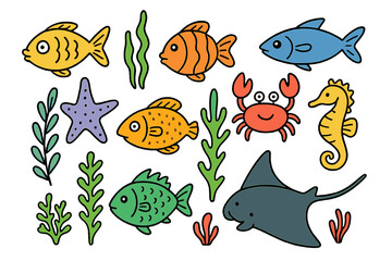 Cute sea life animal set. Cartoon doodle fish, crab, seahorse, starfish, manta ray. Marine underwater creature collection. Hand drawn ocean fauna. Colorful vector illustration.
