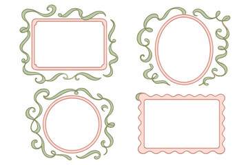 Set of elegant hand-drawn frames in vintage style. Whimsical pink and green border collection with curly ribbons. Decorative design for quirky holiday, wedding, birthday gift.