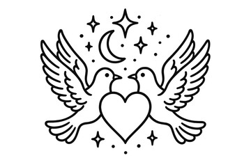 Obraz premium Two doves with a heart, a symbol of love, peace, and romance. Symmetric line art of birds for a wedding. Mystic celestial night sky with moon and stars. Vector for tattoo.