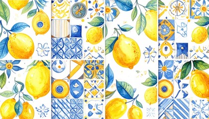 Watercolor lemons & blue tile mosaic pattern on white Wallpaper, food blog background