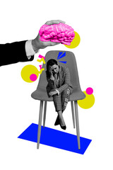 Vertical creative art collage of sad businesswoman sit chair brain icon dilemma idea contemplation...