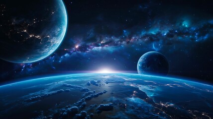 Earth view from space with galaxy and other planets
