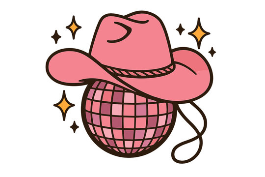 Retro pink cowgirl hat on a disco ball. Groovy disco cowboy western theme. Wild west bachelorette party concept. Space cowgirl vector for t-shirt, sticker design.