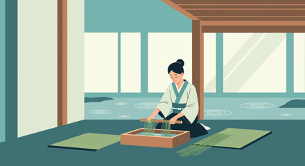 A Traditional Japanese Artisan at Work: Crafting Tatami Mats with Precision and Serenity