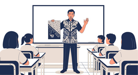 A teacher presenting batik in a classroom setting with students at their desks learning