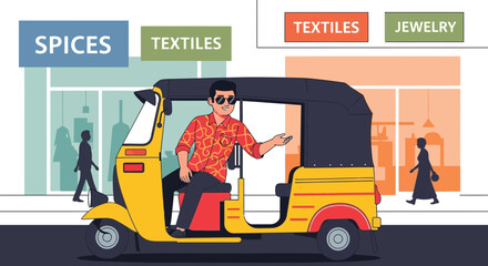 A vibrant illustration showcasing a tuk tuk driver amidst a bustling urban scene showcasing