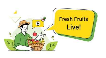 A vibrant illustration of a farmer promoting fresh fruits live with organic produce