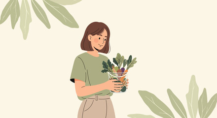 A woman is smiling holding a glass jar filled with fresh produce surrounded by leafy greens making