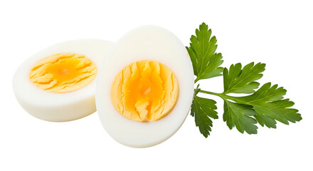 Halved hard boiled egg with parsley isolated on transparent background