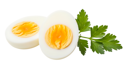Halved hard boiled egg with parsley isolated on transparent background
