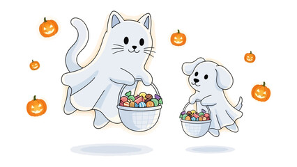 Halloween Friends: A cartoonish cat and dog, dressed as ghosts and holding candy baskets, float playfully amidst floating pumpkins, evoking the essence of spooky festivities. 