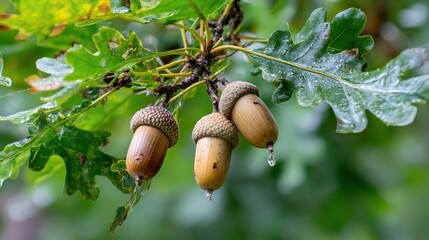 A close-up of acorns hanging on an oak branch, capturing the natural details of autumn or woodland plants, perfect for nature-themed designs, prints, or educational materials.