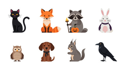 Feline Friends' Gathering: A collection of diverse cartoon animals includes, cat, fox, raccoon, rabbit, owl, dog, squirrel, and raven, embodying the whimsical charm of illustrative artwork.