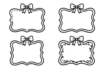 Vintage frame set with bow in hand drawn doodle style. Elegant retro border collection for greeting card, wedding, menu, or birthday party invitation. Wavy decorative label.