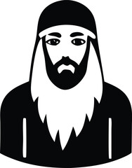 Stylized black and white portrait icon of a man with a beard and hooded hat representing a modern individual or character