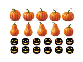 Harvest Array: A vibrant collection of pumpkins and jack-o'-lanterns, exuding the essence of autumn harvest and Halloween spirit, a photorealistic and well-lit depiction.