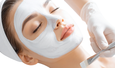 Beautician Applying White Cream Facial Mask with Soft Brush on Relaxed Woman, Close-Up View, Isolated on Transparent Background
