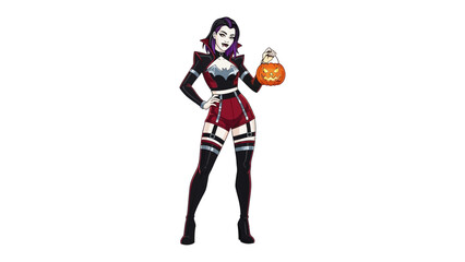 Vampire Girl with a Pumpkin Basket: A stunning vampire girl in an exquisite costume, poised confidently, holding a charming pumpkin basket. The perfect blend of allure and festivity.