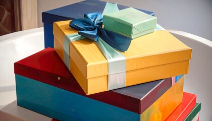 Colorful gift boxes stacked high