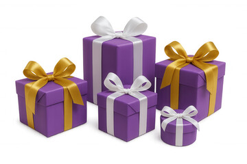 Obraz premium Group of purple present boxes, tied with white and gold ribbons and bows, creating a festive holiday concept