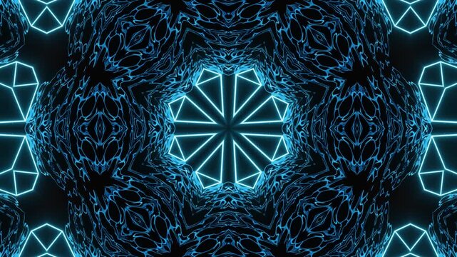 Abstract kaleidoscope mandala neon acid background glowing with fractal octagonal symmetry, futuristic radiant visuals endlessly evolving luminous geometric patterns