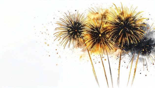 Watercolor painting of golden and black fireworks exploding against a white background, leaving trails of color and sparks - Powered by Adobe