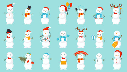 Christmas snowman character. Cartoon snowman. Cartoon winter holidays snowman. Snowman icons