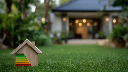 Tiny wooden house model on grass lawn, beside it a vivid energy consumption bar meter, background shows a real home bathed in gentle afternoon light