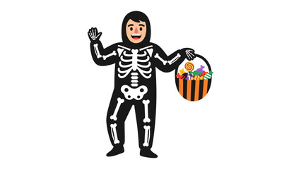 Halloween Delight: A young person in a detailed skeleton costume extends a friendly greeting while clutching a vibrant basket filled with treats, celebrating the joy of Halloween night and candy.