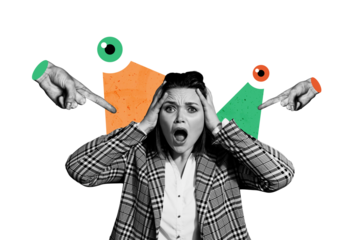 Trend artwork 3D sketch image photo collage of monochrome young lady confused shocked headache finger point boss huge eyes look scrutiny