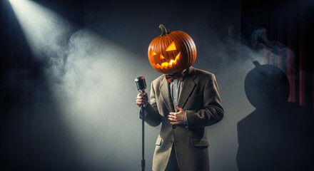 Halloween pumpkin head on stage with microphone ready to perform for Halloween. Halloween show includes spotlight, suit, and glowing carved face.