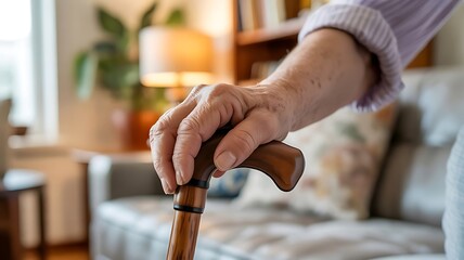 Obraz premium Elderly hand holding walking stick indoors cane support