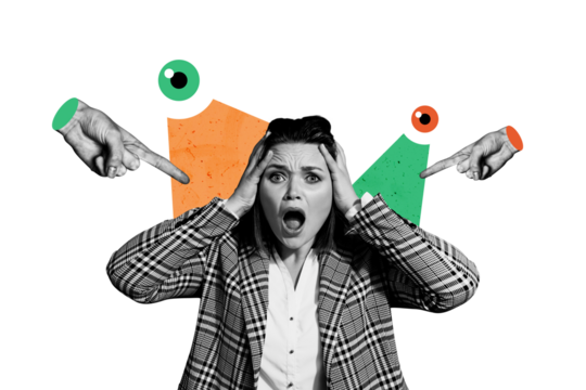 Trend artwork 3D sketch image photo collage of monochrome young lady confused shocked headache finger point boss huge eyes look scrutiny