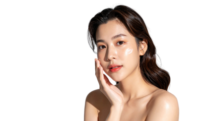 Elegant Woman Touching Face After Applying Moisturizer, Fresh Spa Look, Isolated on Transparent Background