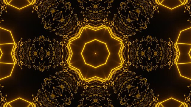 Neon acid abstract background of kaleidoscope mandala patterns glowing with octagonal symmetry, futuristic fractal visuals forming luminous dynamic digital waves
