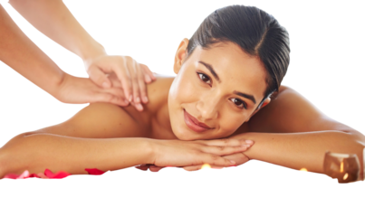 Elegant Young Woman Receiving Hand Massage with Aromatherapy Candles, Relaxed Expression, Isolated